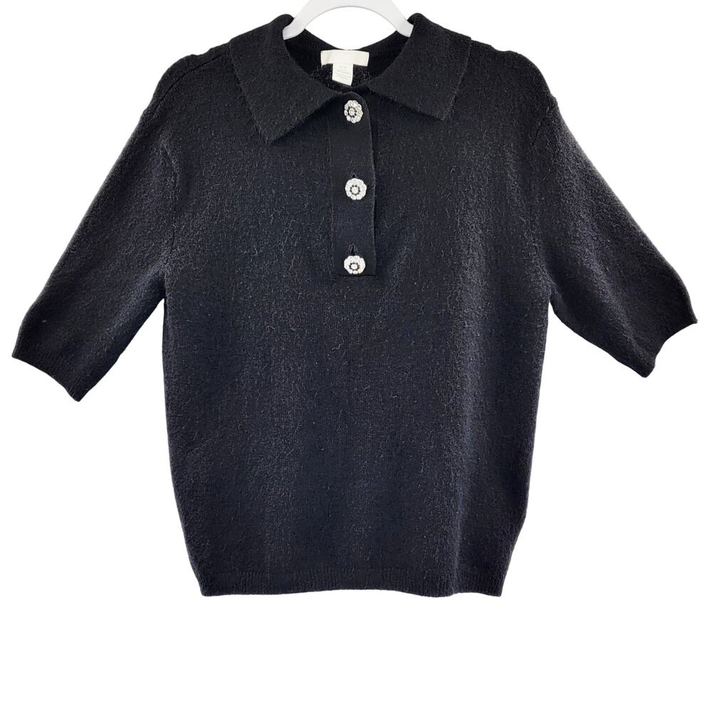 H&M Black Wool Blend Rhinestone Button Embellished Collared Sweater Women's XS